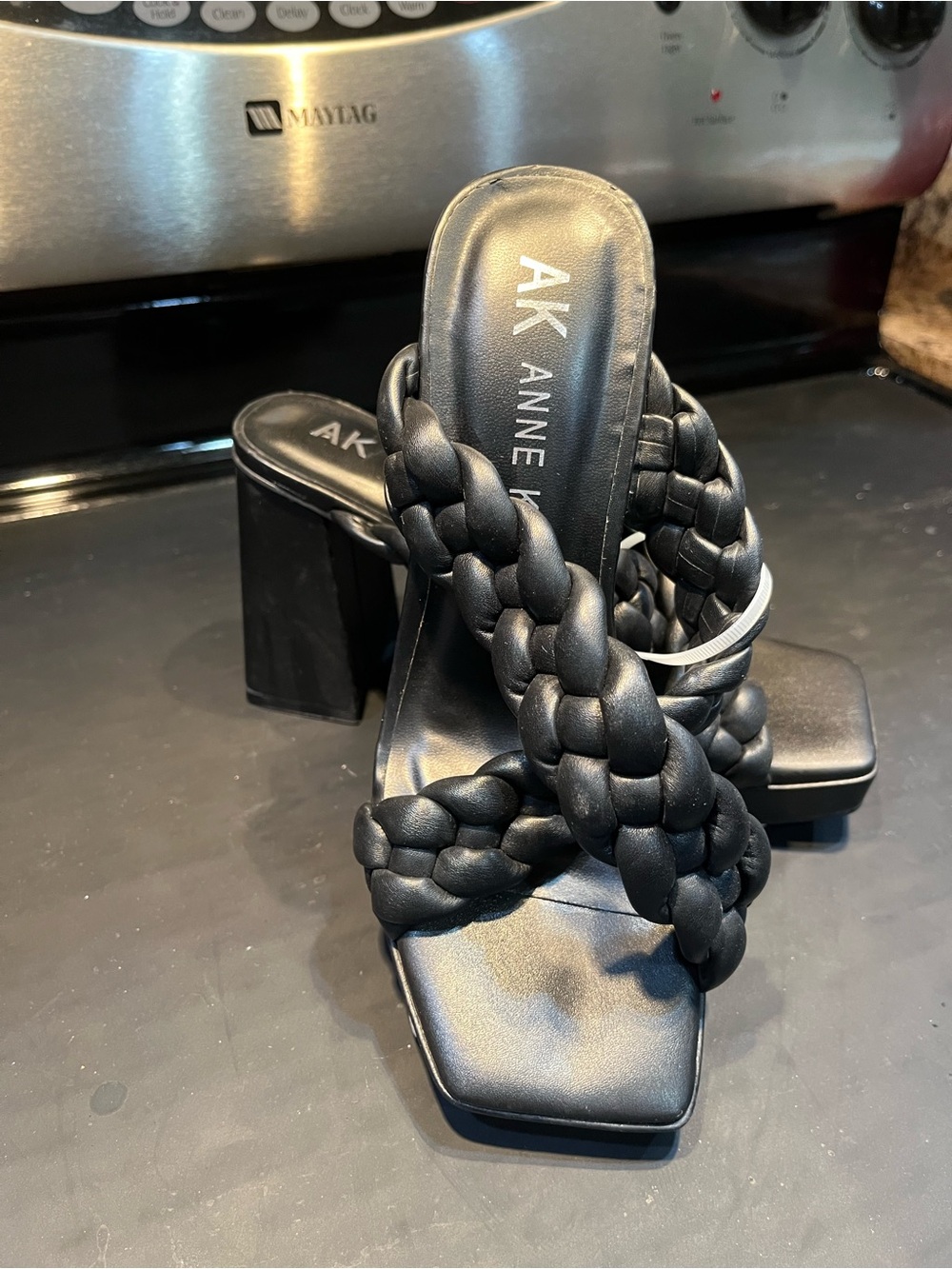 Anne Klein Black Braided Strappy Block Heel Sandals